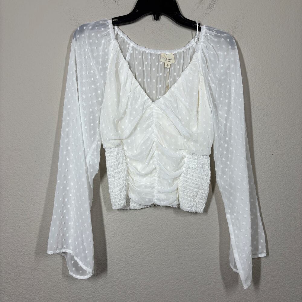 143 Story by Line Up Small Swiss Dot Smocked Top V Neck Off White Long Sleeves